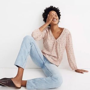 Madewell Satin Puff-Sleeve V-Neck Top in Baby's Breath Size Medium